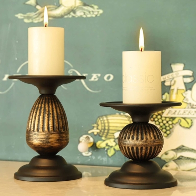 Portacandele a colonna rustico Portacandele in oro nero Set di 2