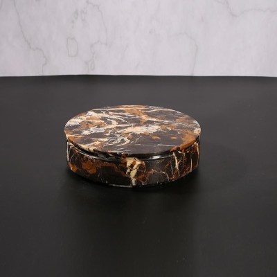 Vassoio da frutta rotondo in marmo Vassoio da portata piccolo da scrivania con coperchio in oro nero