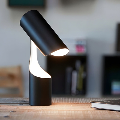 Lampada da tavolo postmoderna nera con spina americana creativa in metallo cilindrico. Luci notturne