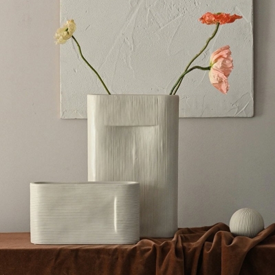Vasi da fiori in ceramica a strisce bianche ovali da 2 pezzi
