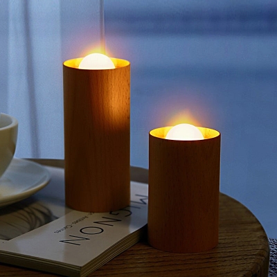 Lampada da tavolo moderna a lume di candela in legno ricaricabile tramite USB con controllo del flusso d'aria a LED