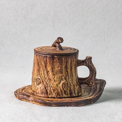 Tazza da caffè in gres rustico in legno a grana spessa, tazza da tè con piattino/coperchio