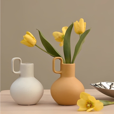 Vasi da fiori rotondi in ceramica bianca gialla con manico singolo