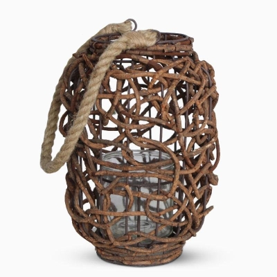 Lanterna intrecciata in vimini da pavimento da giardino vintage in stile rustico con manico in corda cantata