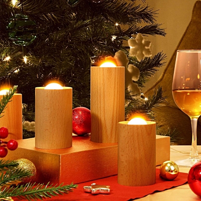 Lampada da tavolo moderna a lume di candela in legno ricaricabile tramite USB con controllo del flusso d'aria a LED