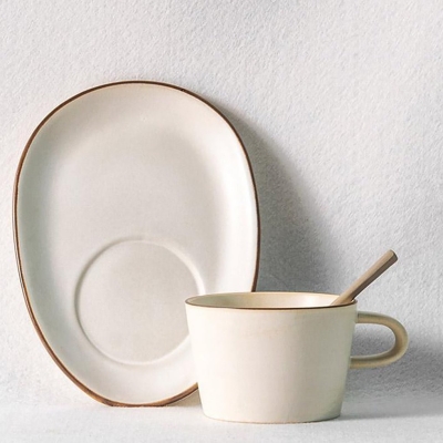 Tazza da caffè in gres bianco, tazza da tè con piattino rettangolare ovale