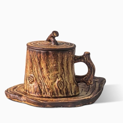 Tazza da caffè in gres rustico in legno a grana spessa, tazza da tè con piattino/coperchio