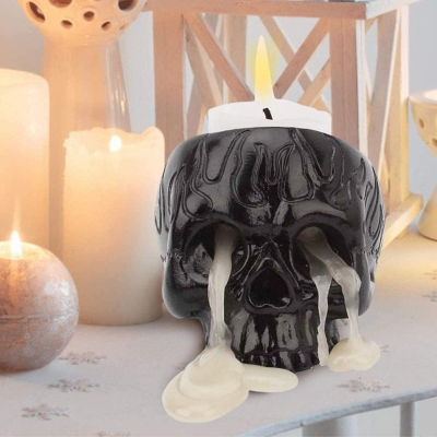 Portacandele con teschio scheletro, tazza tealight, candeliere in resina, set di 2 pezzi