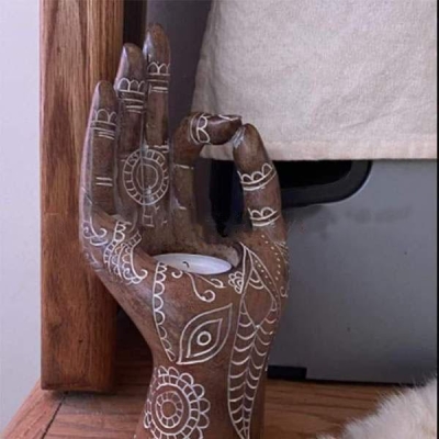 Portacandele a mano di Buddha in resina Mudra portacandele decorazioni statue Home Office